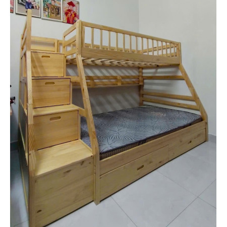 EU192 - Natural : Giường 2 Tầng, 2 Hộc Kéo + Cầu Thang Đảo Chiều, Giá Sách - Trên 1m / Dưới 1m4